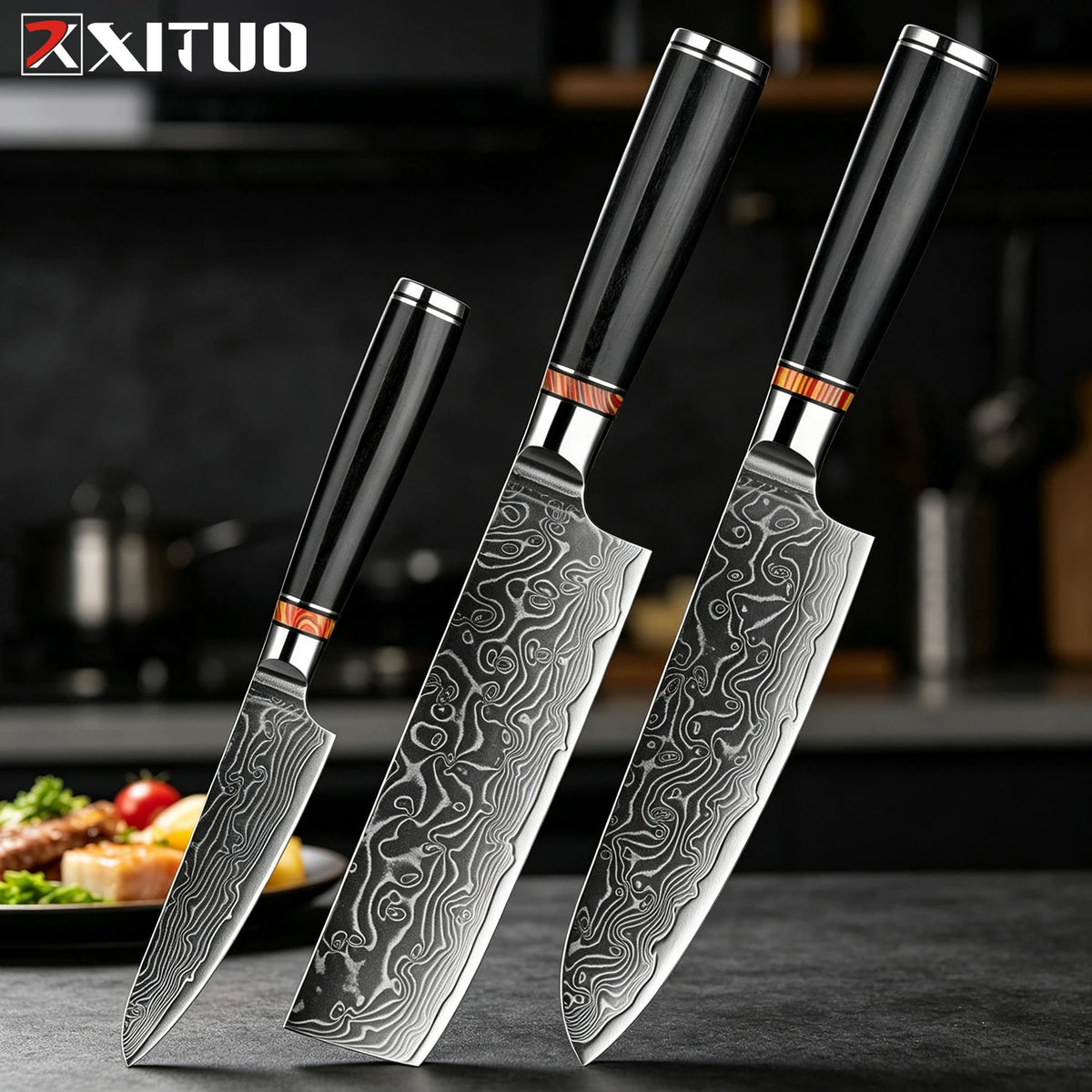 XITUO Damascus Steel Kitchen Knife Set – Santoku & Nakiri Kitchen Knife Set Qst 3PCS Knife