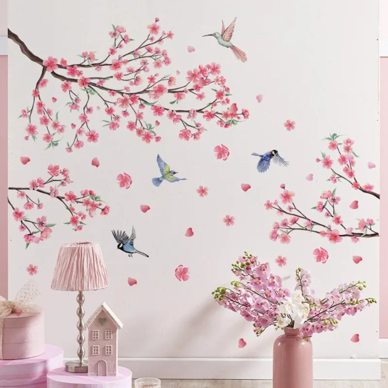 Large Cherry Blossom Wall Stickers – Pink Floral Tree & Birds Wall Decal Sticker Qme