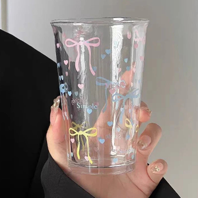 Cute Bow Glass Coffee Mug | Cartoon Striped Borosilicate Cup Glass Coffee Mug Qme