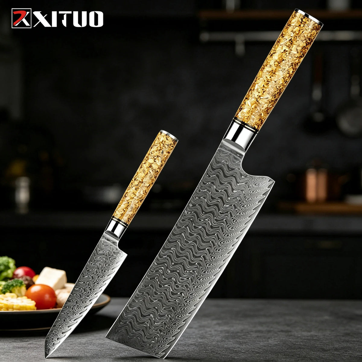 XITUO Damascus Steel Kitchen Knife Set – 4 Piece Professional Kitchen Knife Set Qst 2PCS Knife B