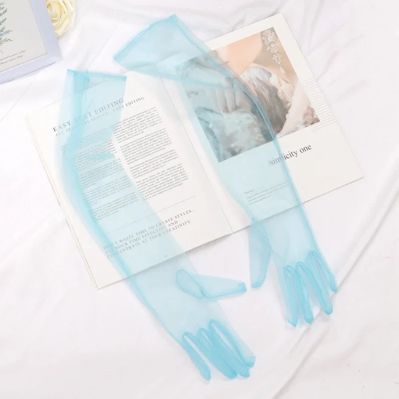 Women's Long Sheer Tulle Gloves Full Finger Mesh Arm Gloves Mesh Fashion Gloves Qme SKY BLUE 55cm