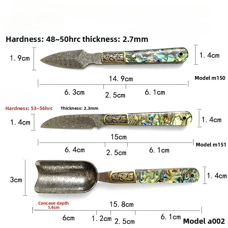 Damascus Steel Tea Knife & Scoop Set – Abalone Shell Handle Tea Ceremony Knife Set Qst