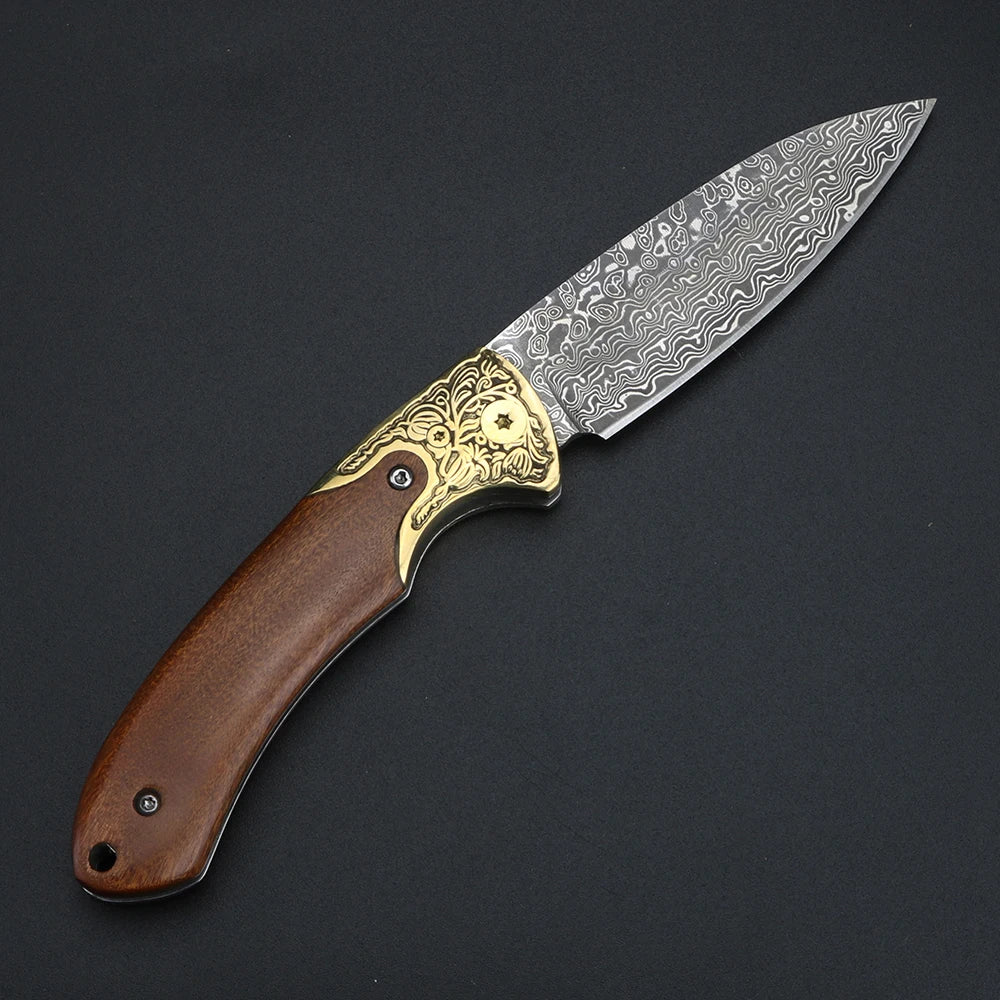 XUANFENG Damascus Steel Brass Skeleton Folding Pocket Knife Folding Pocket Knife Qst