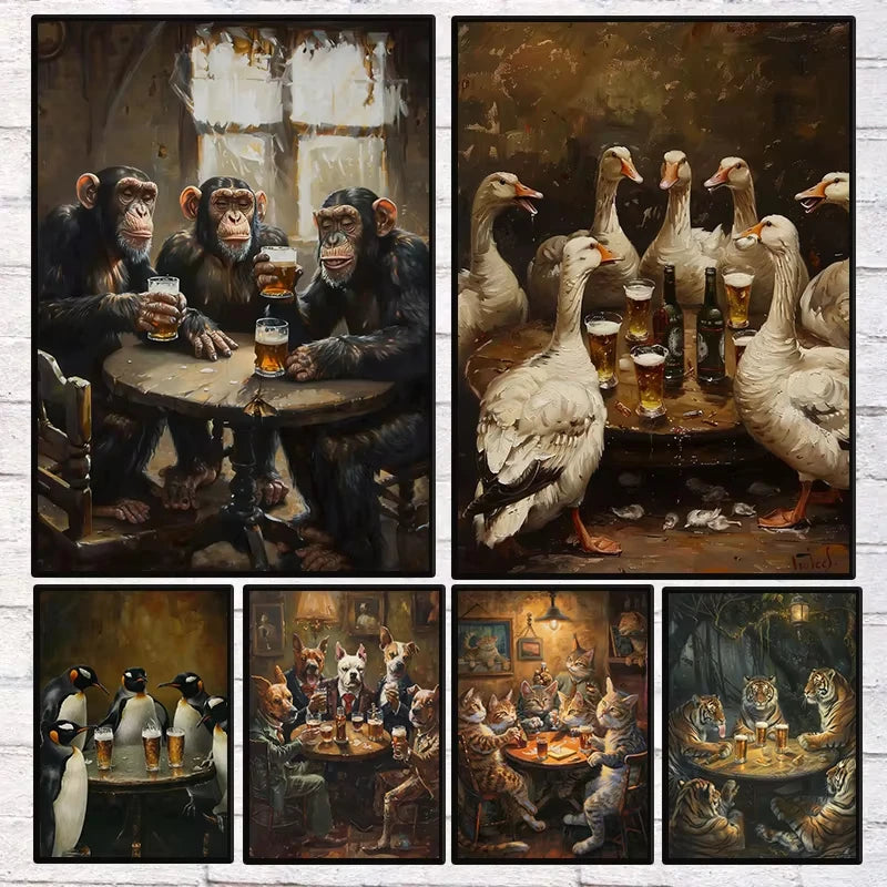 Retro Animals Tavern Beer Canvas Wall Art – Unframed Poster Canvas Wall Art Qst