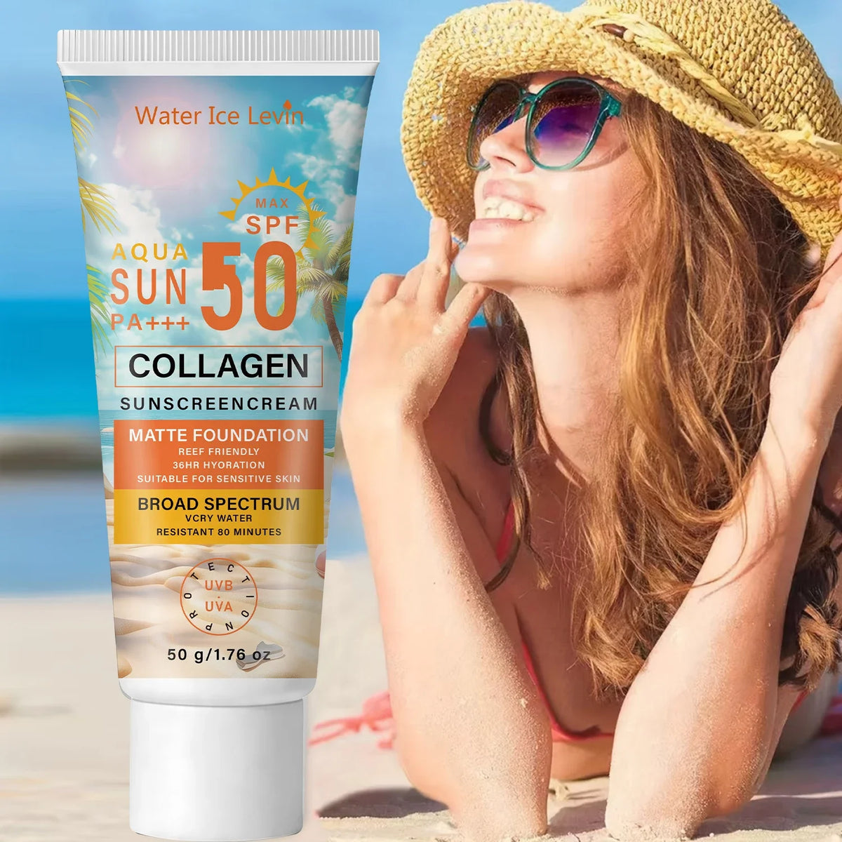 SPF50 PA+++ Collagen Sunscreen – 36HR Hydrating, Water Resistant Collagen Sunscreen Qme