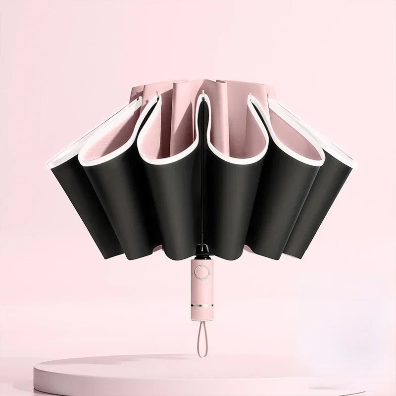 Windproof Reverse Folding Umbrella – UV & Reflective Stripe Folding Umbrella Qst Pink