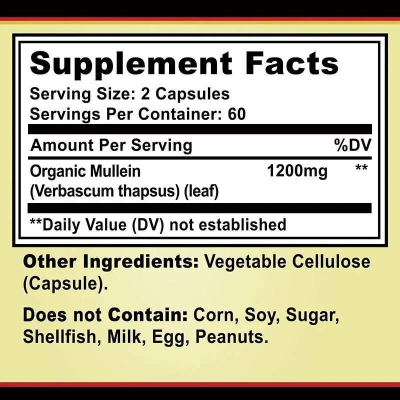 Mullein Leaf Capsules – Organic Lung & Respiratory Support Herbal Supplement Qst