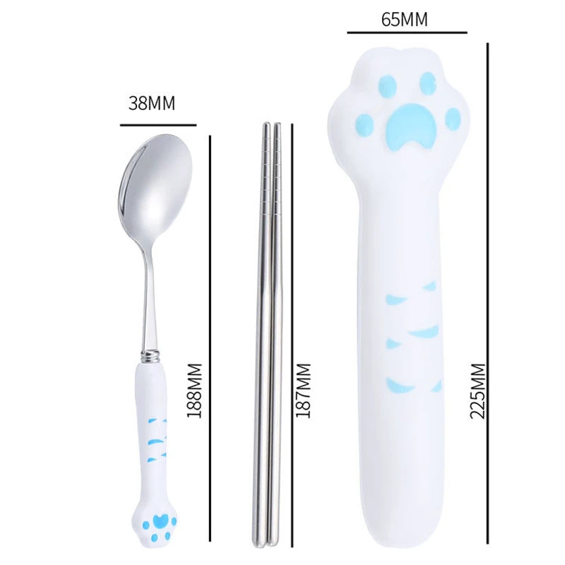Cute Cat Paw Stainless Steel Cutlery Set with Storage Box Cutlery Set Qst 187mm blue