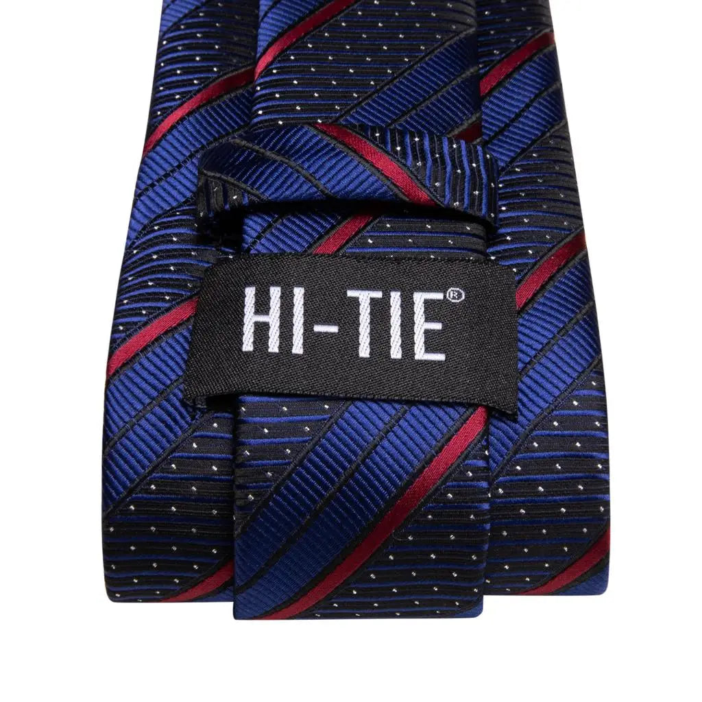 Hi-Tie Navy Blue Striped Necktie Handkerchief & Cufflinks Set Necktie Gift Set Qme