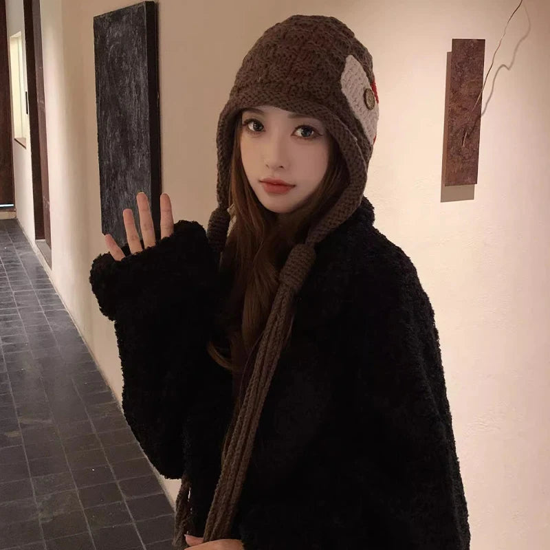 Women's Handmade Braided Knit Tassel Hat – Winter Beanie Knit Winter Hat Qst Coffee