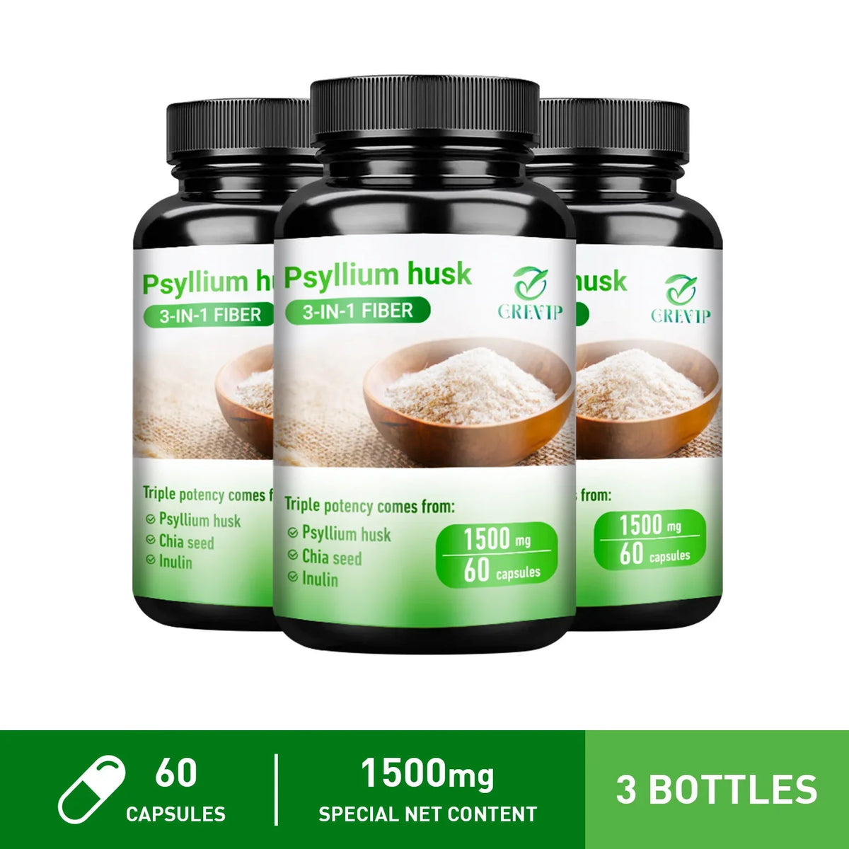 Psyllium Husk Fiber Capsules – Natural Soluble Fiber Supplement Fiber Supplement Qst 60 Capsule-3bottles