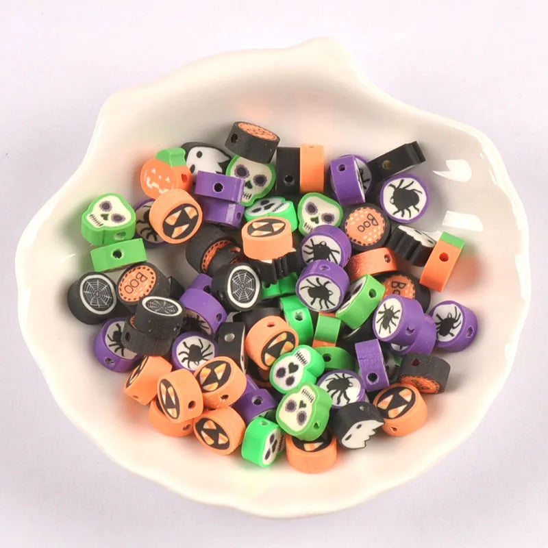 Polymer Clay Halloween Beads – Pumpkin Skull Spider Mix 10mm Craft Beads Qme