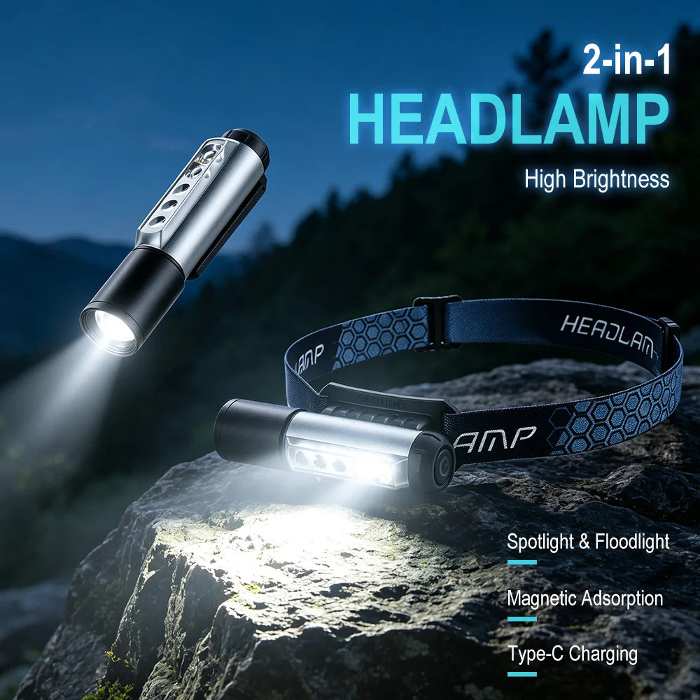 BORUiT 2-in-1 LED Headlamp Flashlight 450Lm Type-C Rechargeable LED Headlamp Qst