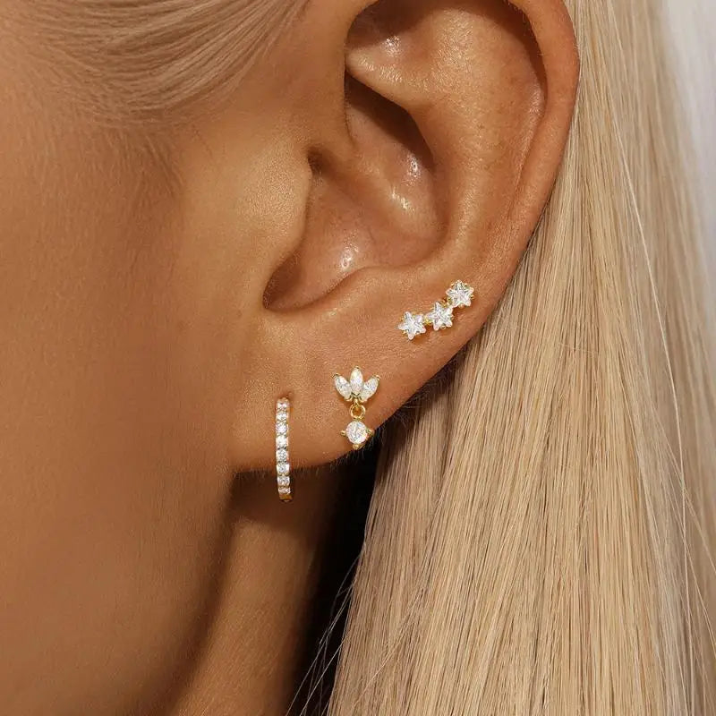 Zircon Flower & Star Ear Studs | 18K Gold Plated | 6 Colors Stud Earrings Qme