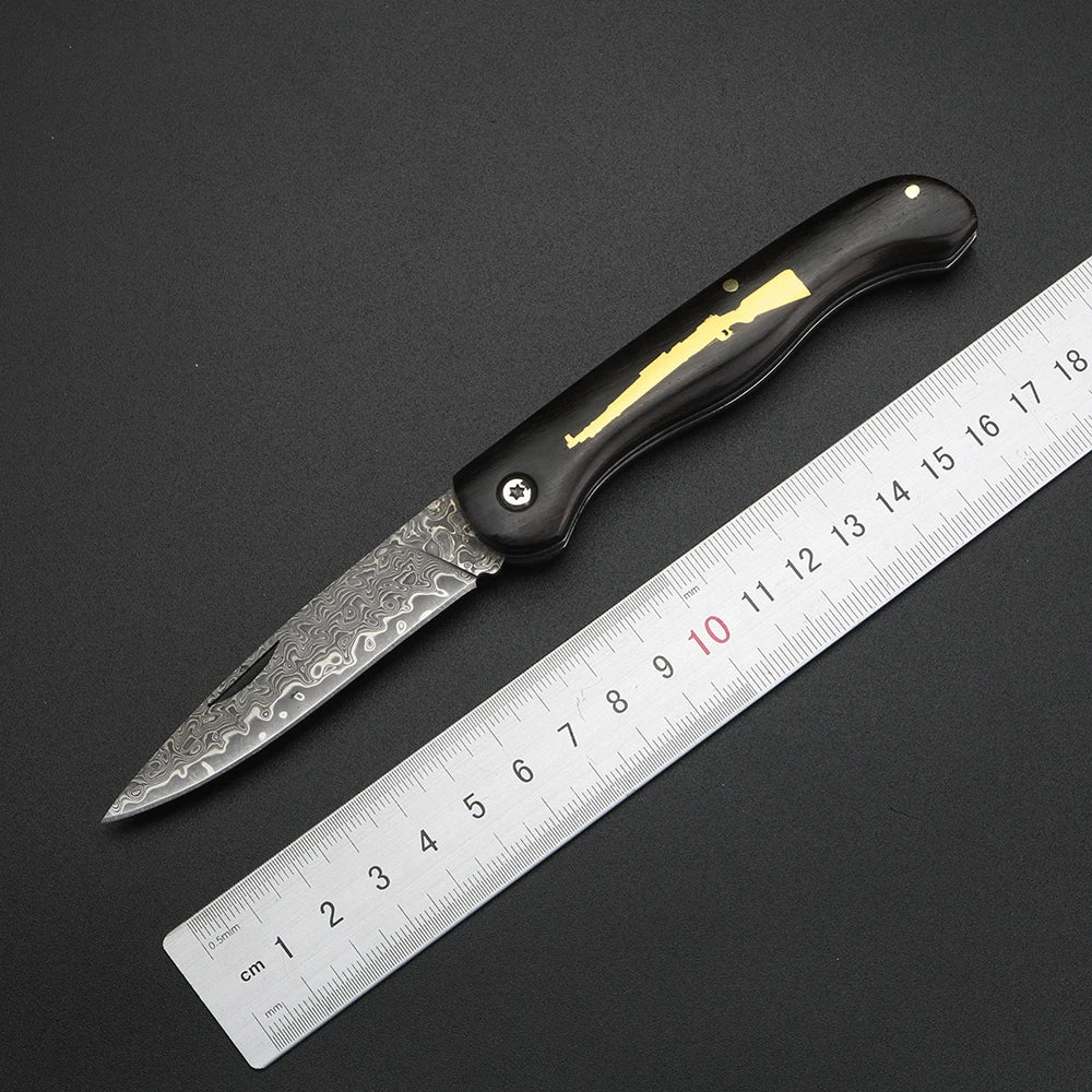 98K Damascus Folding Knife – Sandalwood Handle Camping Blade Folding Knife Qst