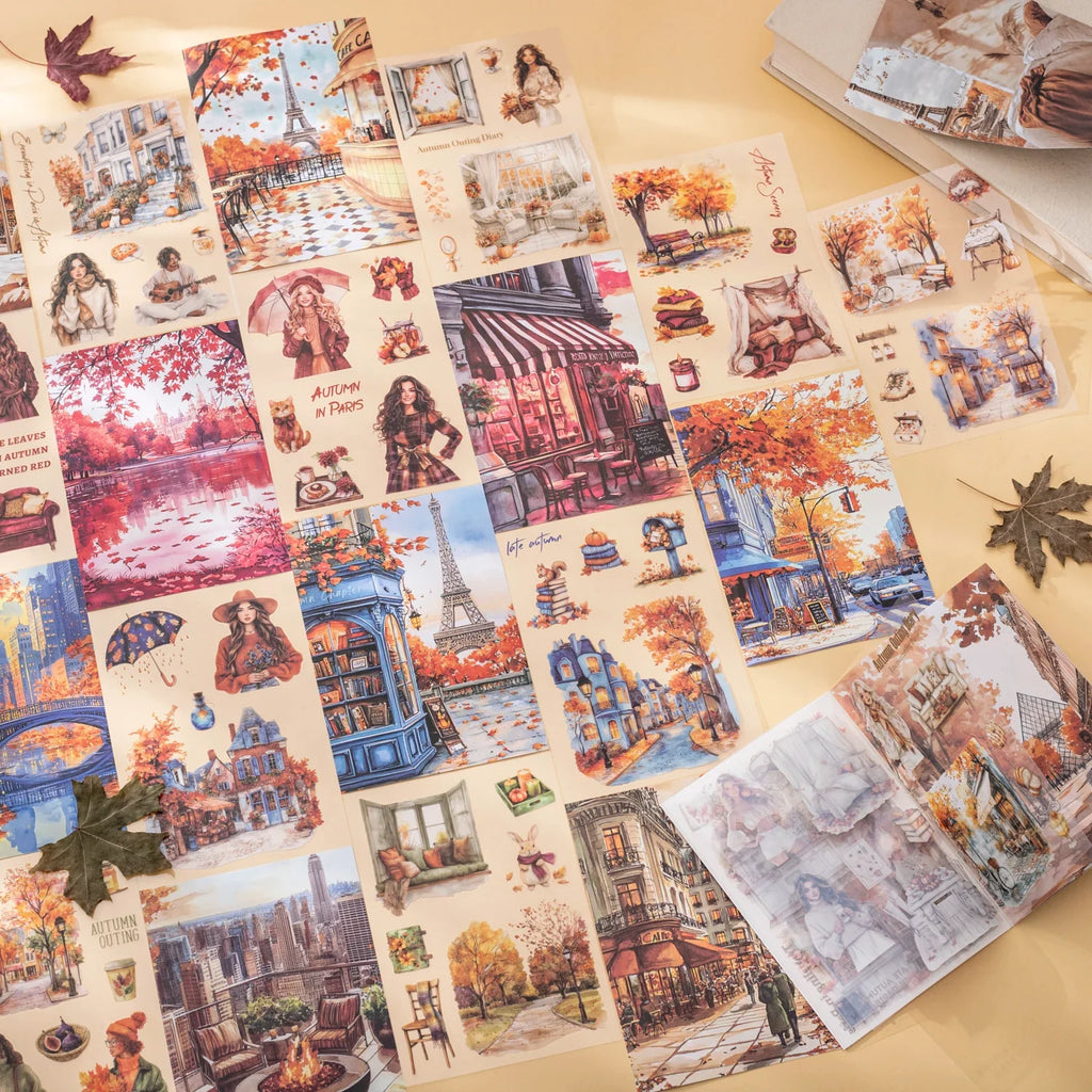 Paris Autumn Travel Sticker Book – 20 Sheets Dual Material Decorative Sticker Book Qme
