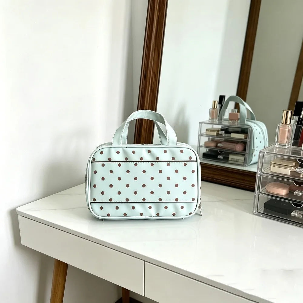Korean Mint Green Polka Dot PU Leather Makeup Bag – Large Cosmetic Makeup Bag Qme