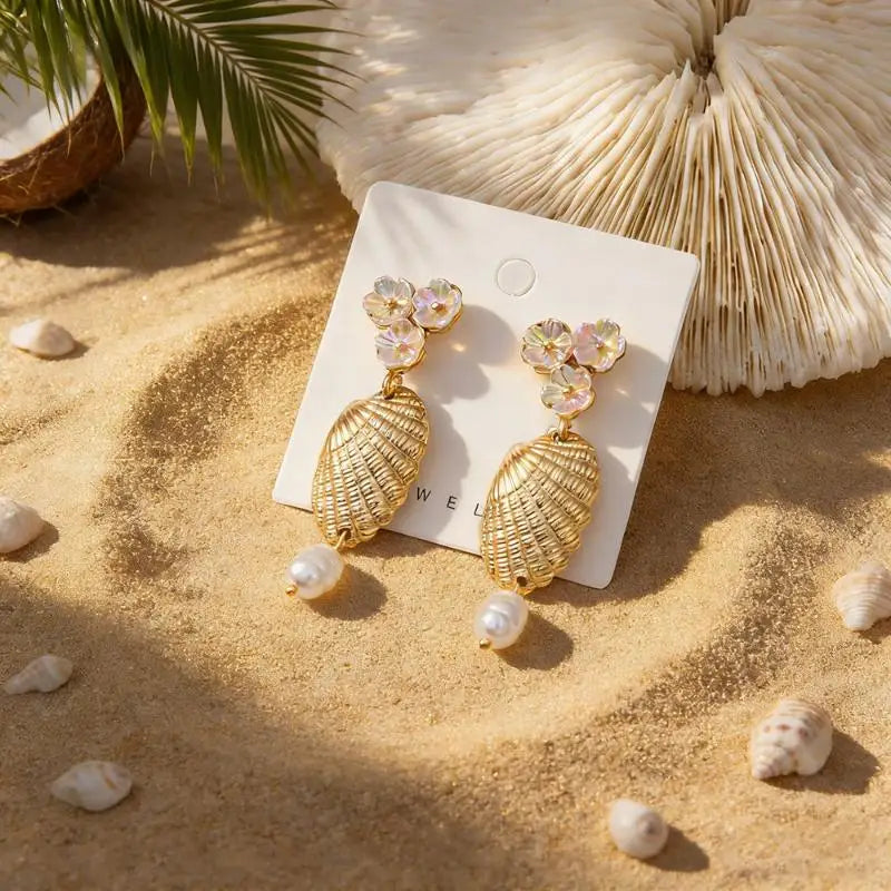 Bohemian Shell Pearl Gold Drop Earrings – Boho Beach Dangles Drop Earrings Qst A4