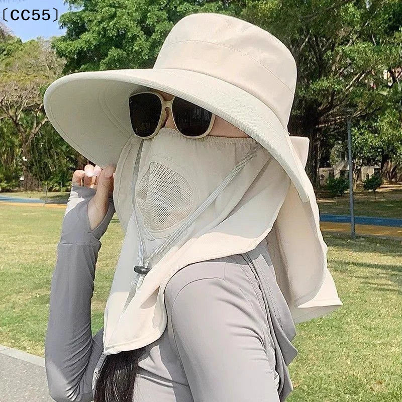 Wide Brim Foldable Sun Hat with Face Mask – UV Protection Wide Brim Sun Hat Qst