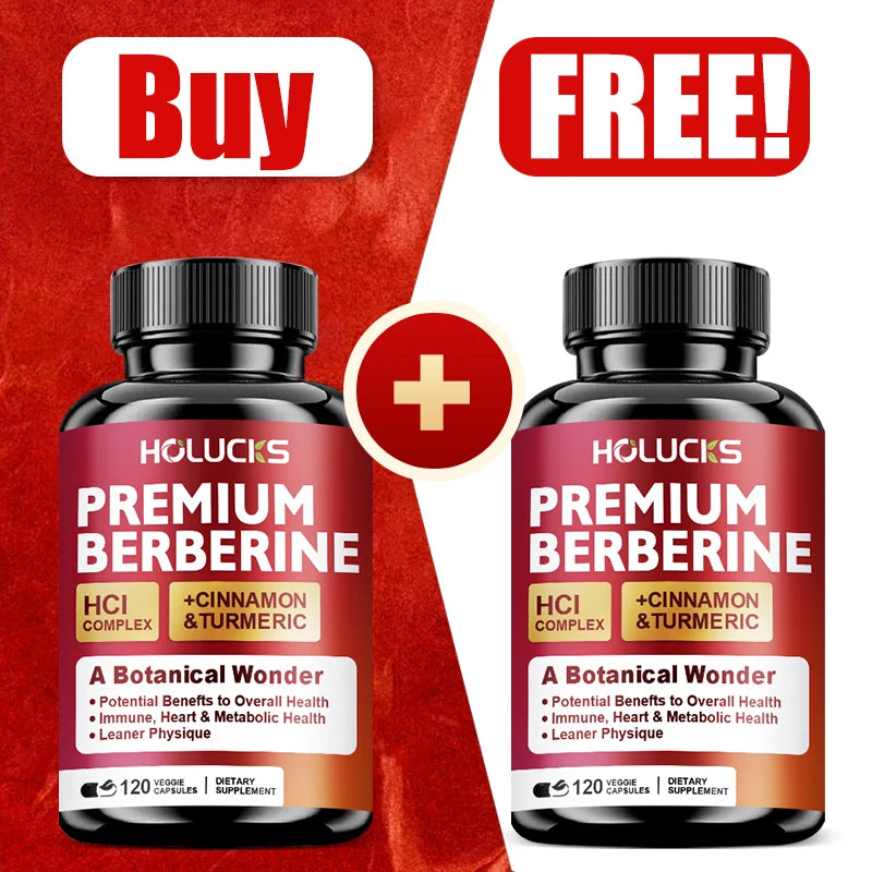 HOLUCKS Berberine 1300mg Capsules – Buy 1 Get 1 Free | 120ct Herbal Supplement Qst