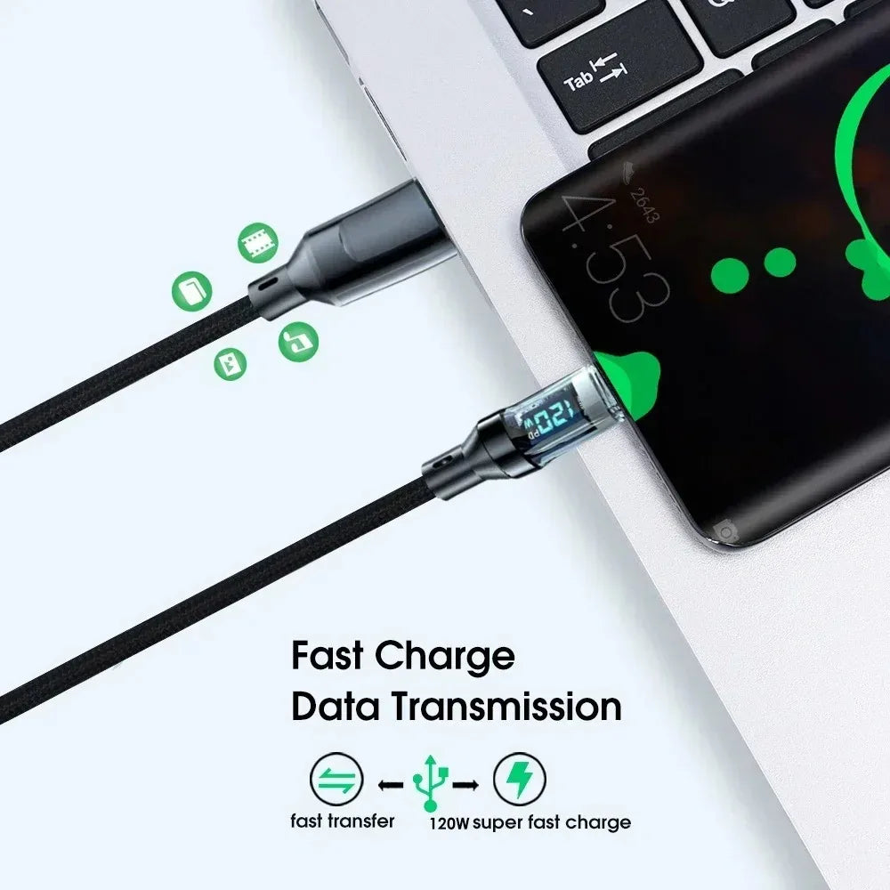 120W USB-C Fast Charging Cable with LED Display | Nylon Braided USB Charging Cable Qme