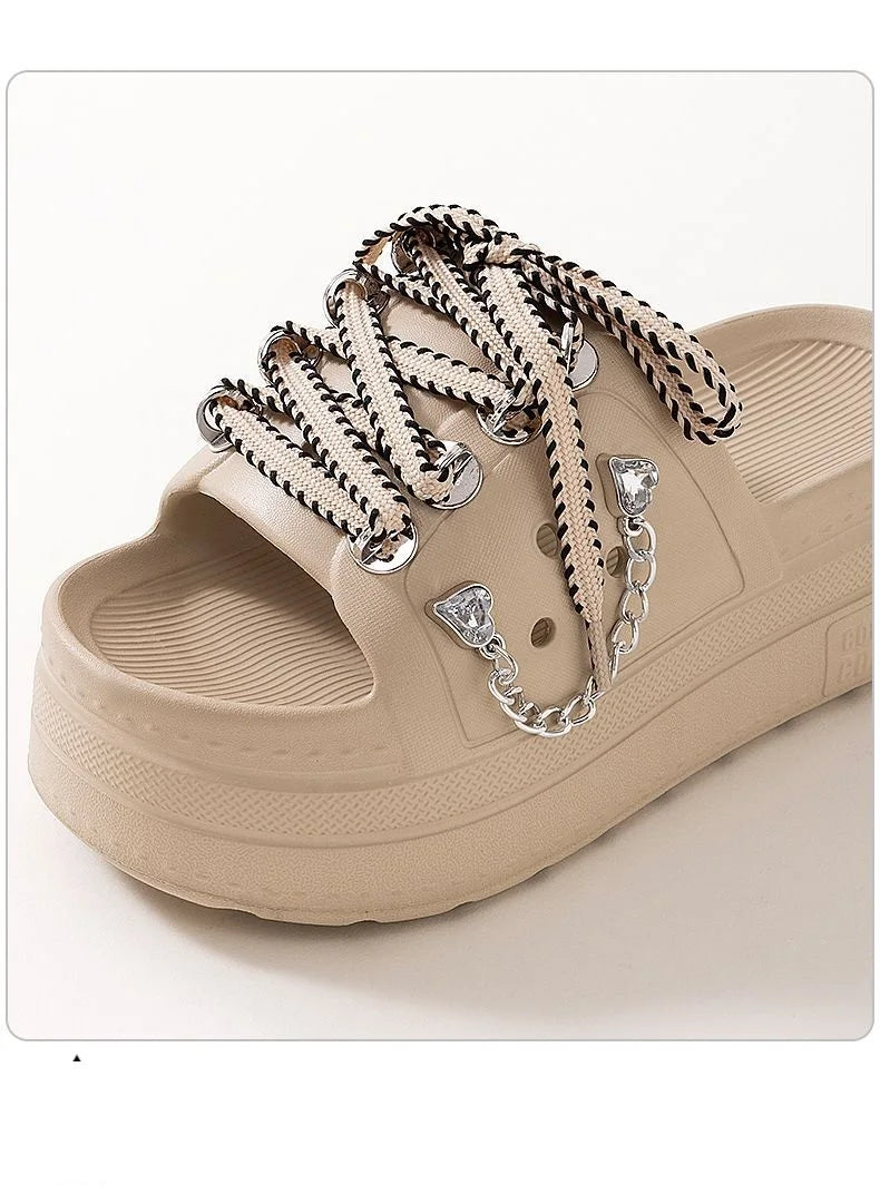 Women's Platform Slides – Lace-Up Metal Chain Summer Slippers Platform Slides Qst