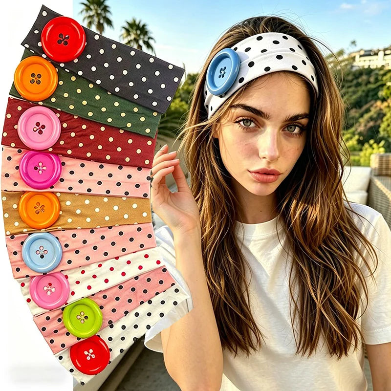 Retro Y2K Polka Dot Button Headband – Women's Boho Style Fashion Headband Qme