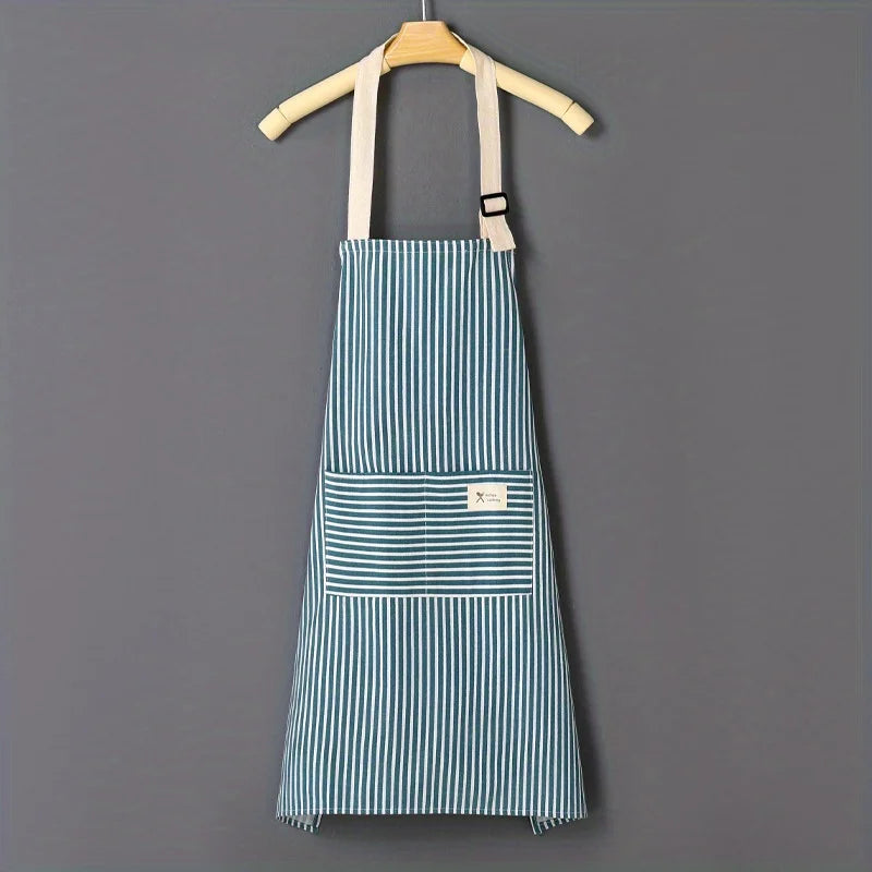 Striped Linen Kitchen Apron – Adjustable Strap & Pocket Kitchen Apron Qme Blue 1pc