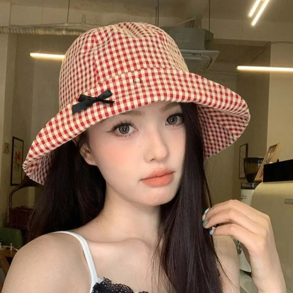 Black Bowknot Plaid Bucket Hat | Gingham Wide Brim Bucket Hat Qme