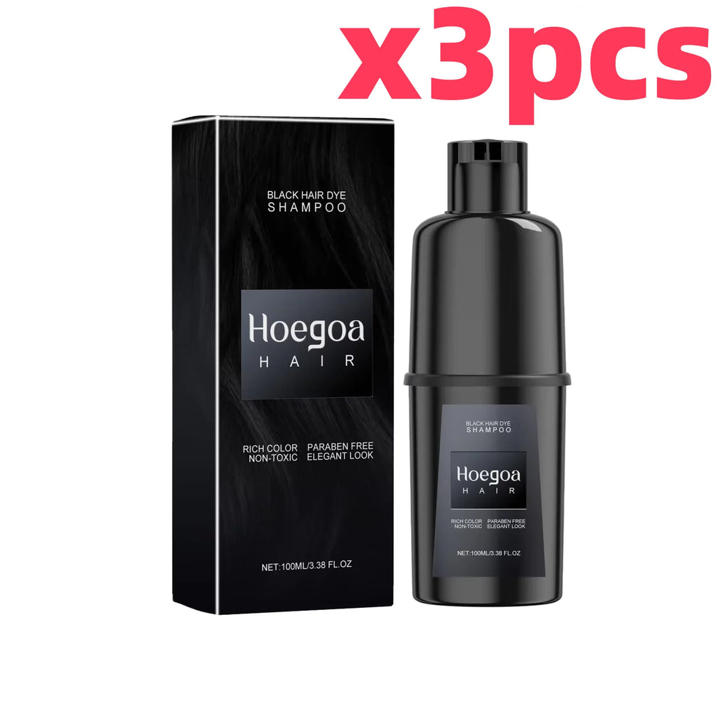 HOEGOA Herbal Hair Dye Shampoo – Black Brown Red Purple Hair Dye Shampoo Qst Black x 3pcs