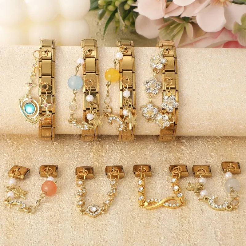 Retro Pearl Moon Zircon Gold Chain Tassel Charm | DIY Jewelry Charm Qme
