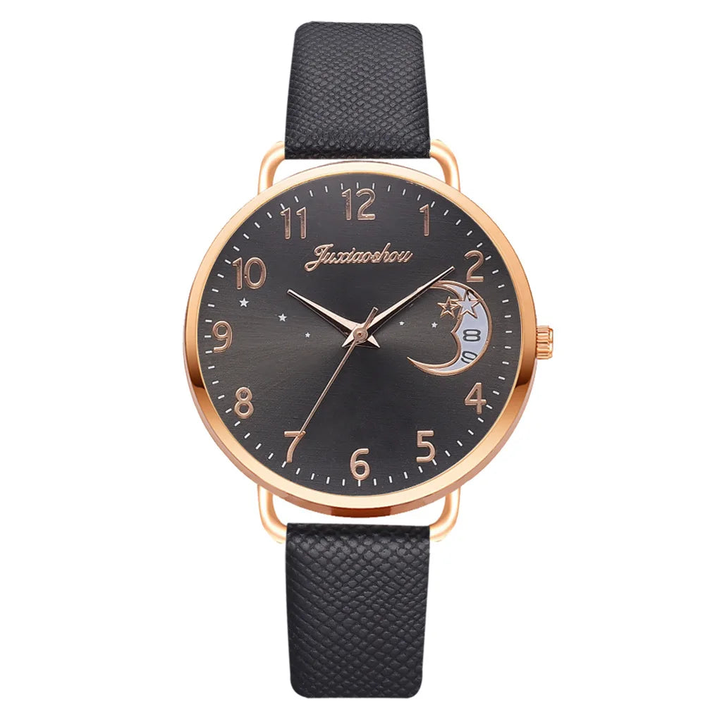 Women's Moon Phase Quartz Watch | Leather Strap Digital Dial Women's Fashion Watch Qme black No