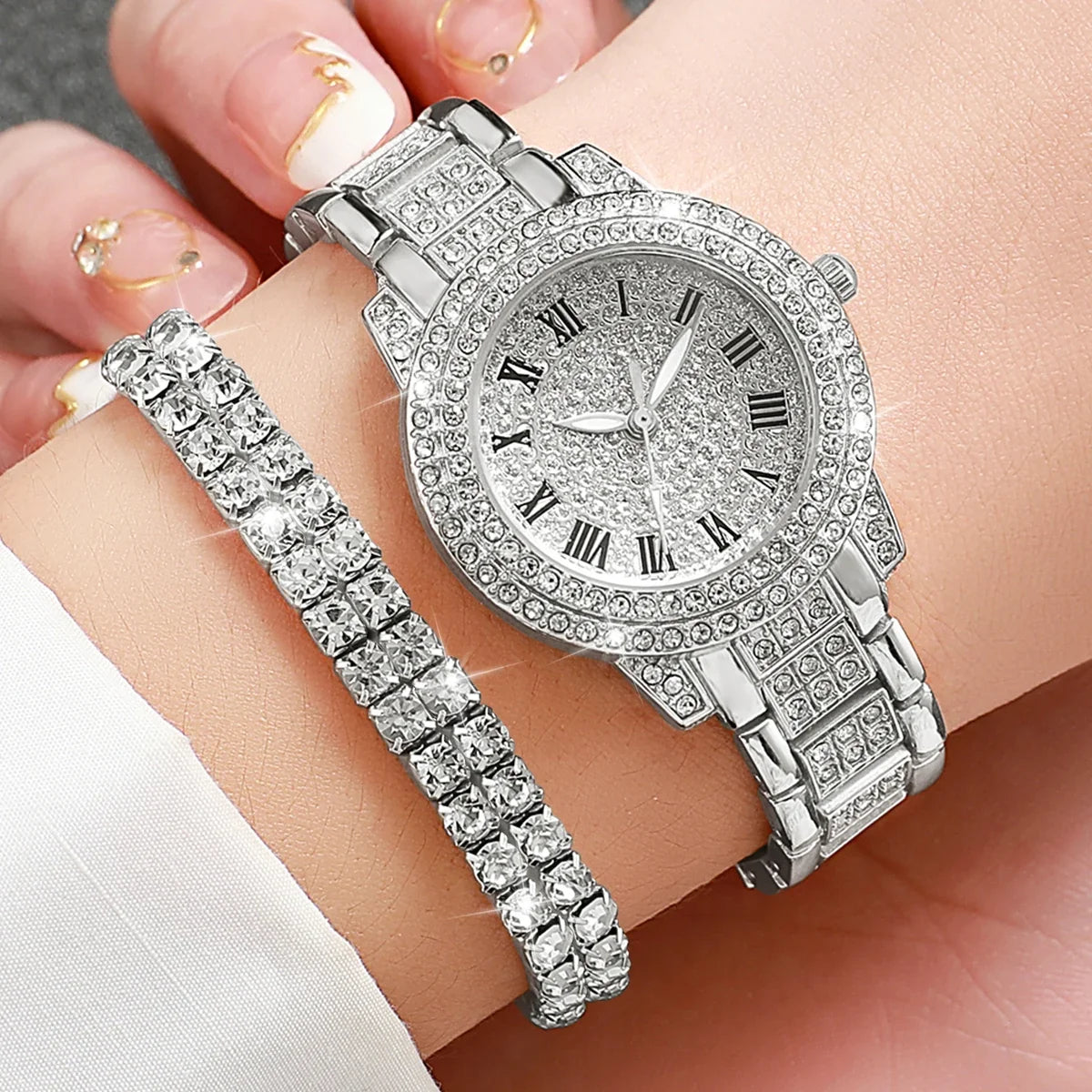 Women's Diamond Roman Dial Square Watch – Silver Steel Strap Women's Fashion Watch Qme
