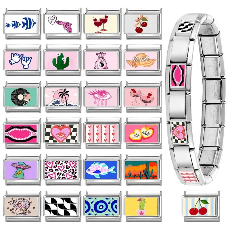 Y2K Italian Charm Links – Pink Heart Leopard Lips Hat | 9mm Italian Charm Links Qme