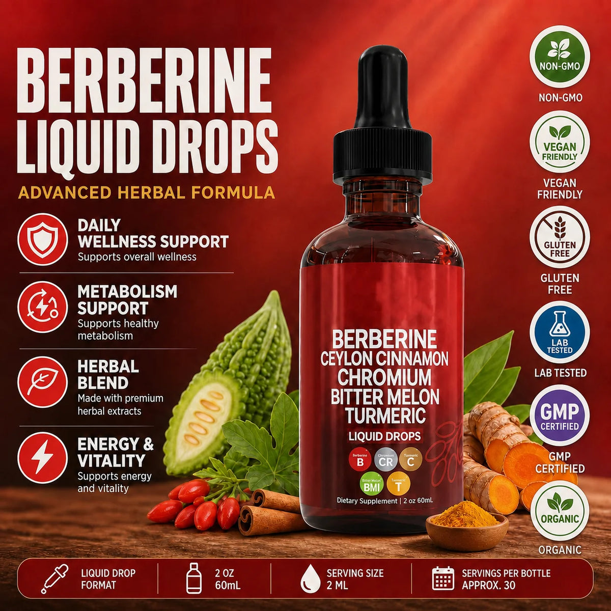Berberine HCl & Ceylon Cinnamon Liquid Drops – 60 mL Herbal Liquid Supplement Qst