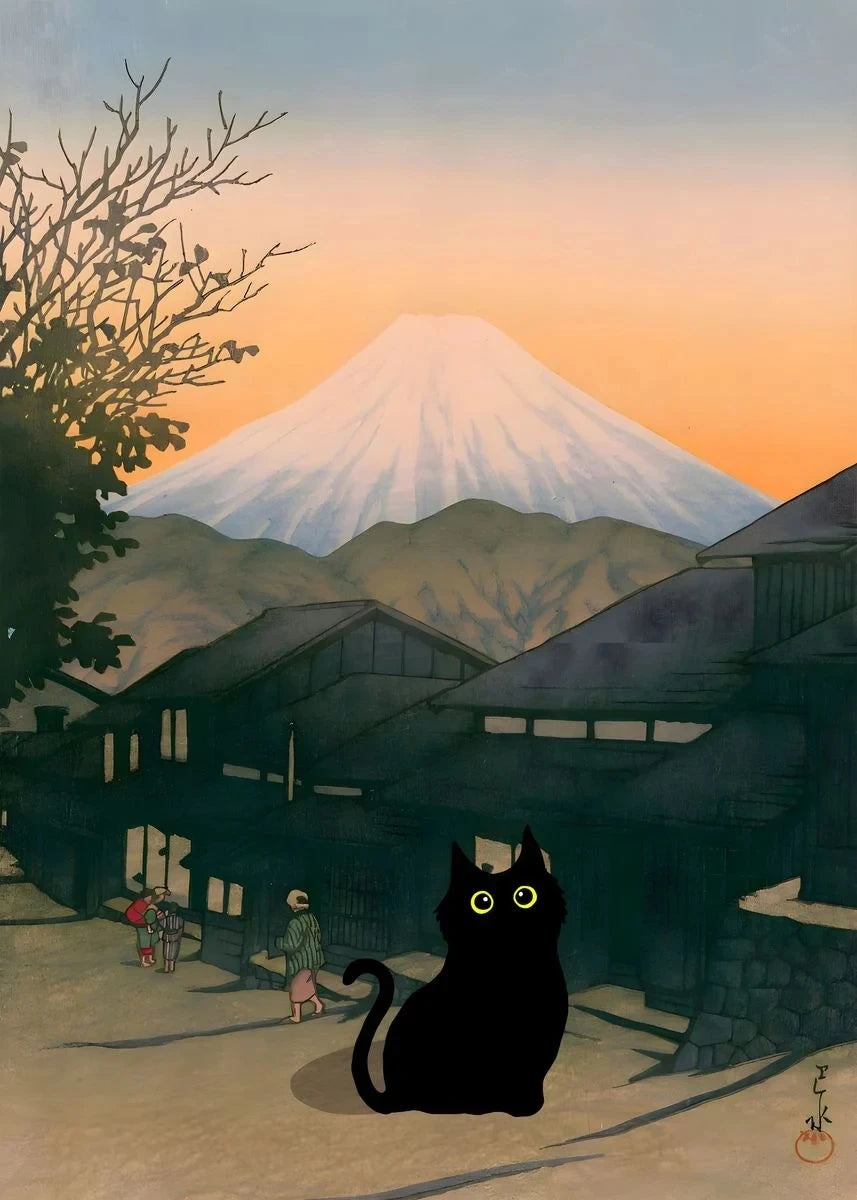 Vintage Black Cat Japanese Forest Canvas Wall Art Print Poster Canvas Wall Art Qst L 40X60cm No Framed
