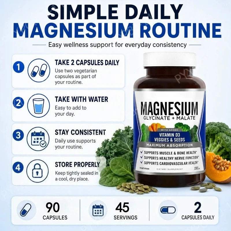 Magnesium Glycinate Malate + Vitamin D3 Capsules – 90ct Magnesium Supplement Qst