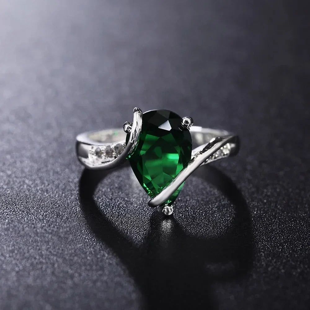 925 Sterling Silver Green Crystal Water Drop Charm Ring Crystal Charm Ring Qme