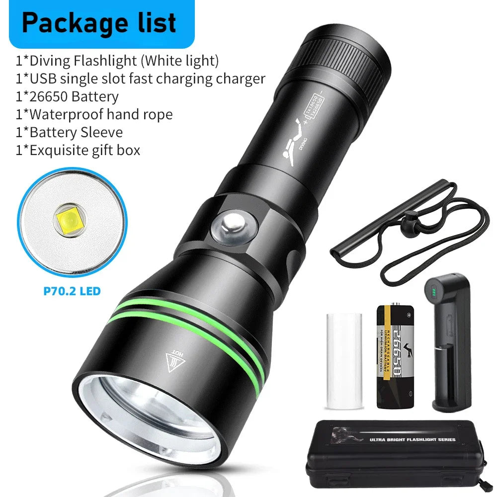 XHP70.2 Scuba Diving Flashlight IPX8 100M Waterproof Dive Torch Diving Flashlight Qst Package A 3500K Yellow light