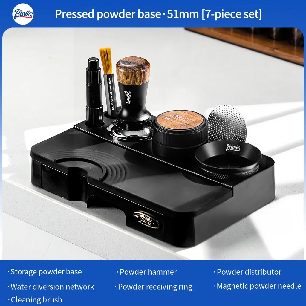 BINCOO Espresso Tamper, Distributor & Knock Box Set 51-58mm Espresso Barista Set Qst Black-7pcs-51MM