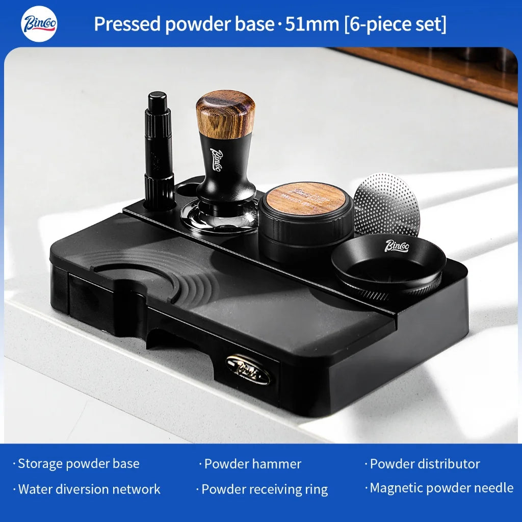 BINCOO Espresso Tamper, Distributor & Knock Box Set 51-58mm Espresso Barista Set Qst Black-6pcs-51MM