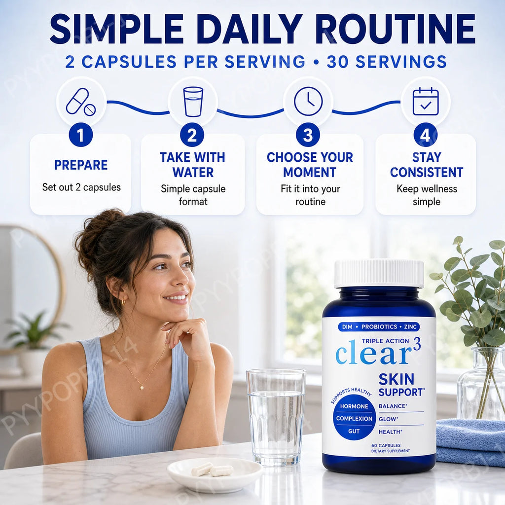 Clear³ Skin Supplement with DIM, Probiotics & Zinc – 60 Capsules Skin Support Supplement Qst