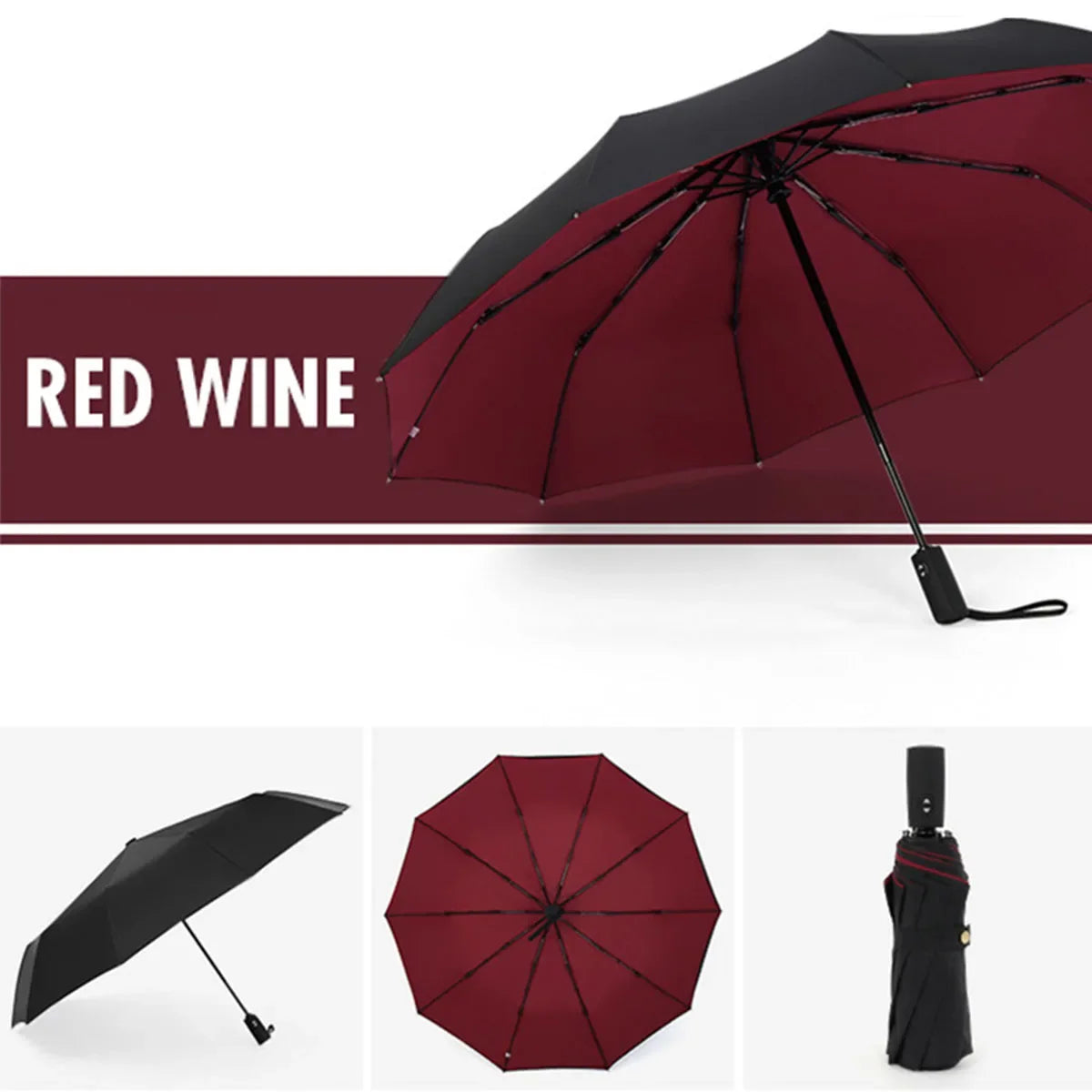 Windproof Double Layer Auto Folding Umbrella – Sun & Rain Windproof Auto Umbrella Qst wine red