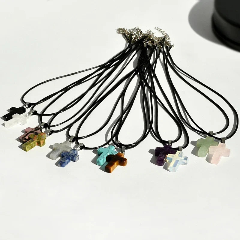 Natural Stone Cross Pendant Necklace | Punk Rock Y2K Style Stone Cross Necklace Qme