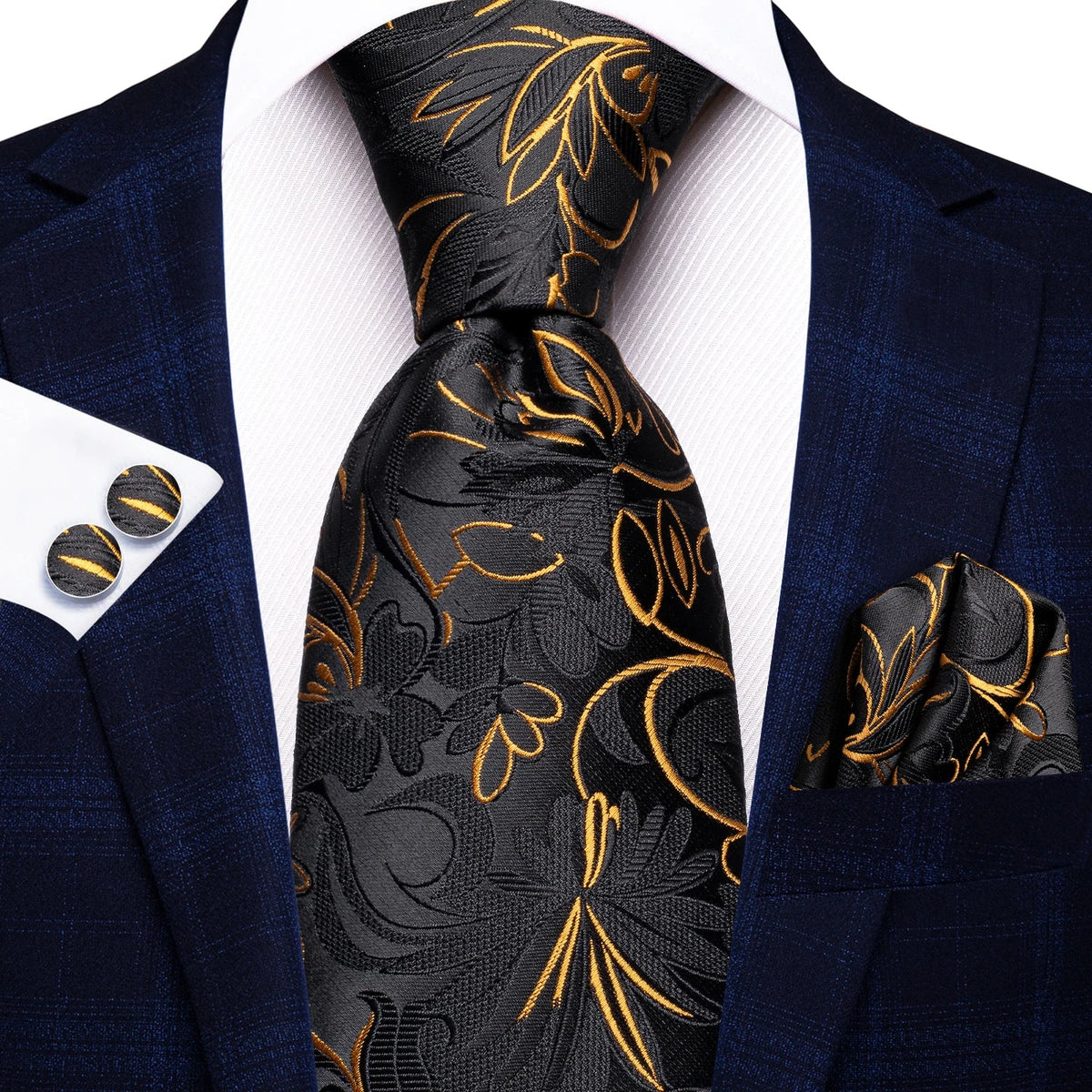 Hi-Tie Black Gold Floral Luxury Tie Set – Cufflinks & Handkerchief Luxury Necktie Set Qme