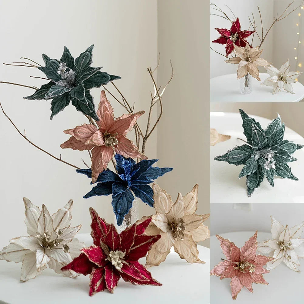 Glitter Artificial Poinsettia Flowers Christmas Tree Decorations Artificial Christmas Flowers Qme