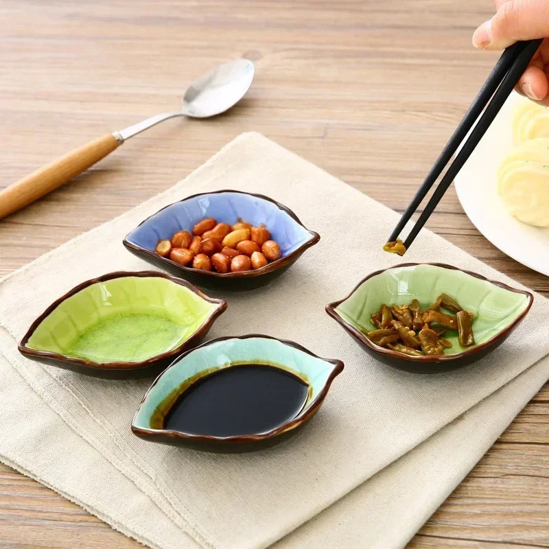 Ceramic Leaf Saucer Ice Crack Glaze | Soy Sauce Dish Ceramic Condiment Dish Qme