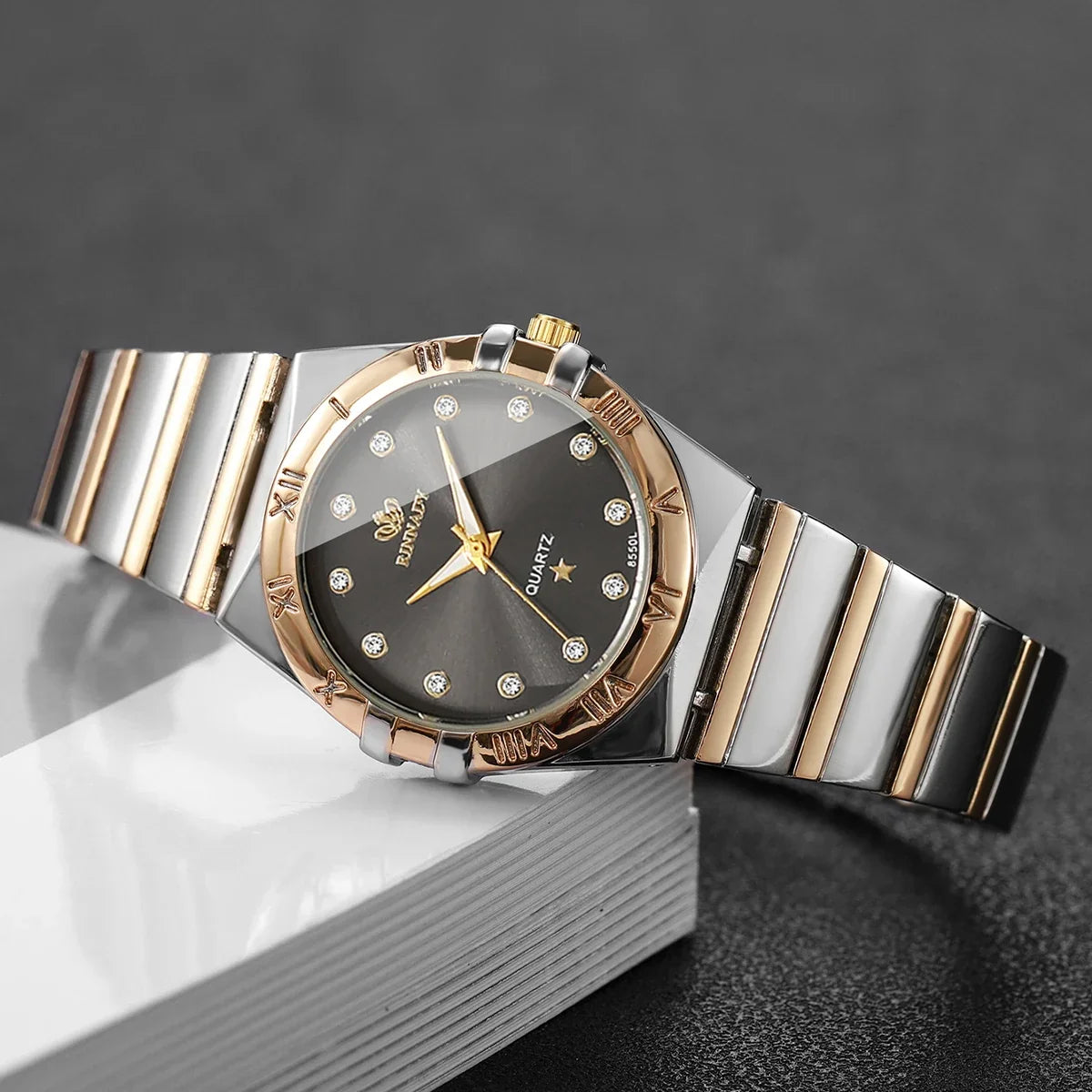 Two Tone Gold Silver Ladies Watch Rhinestone Dial Roman Bezel Ladies Dress Watch Qme