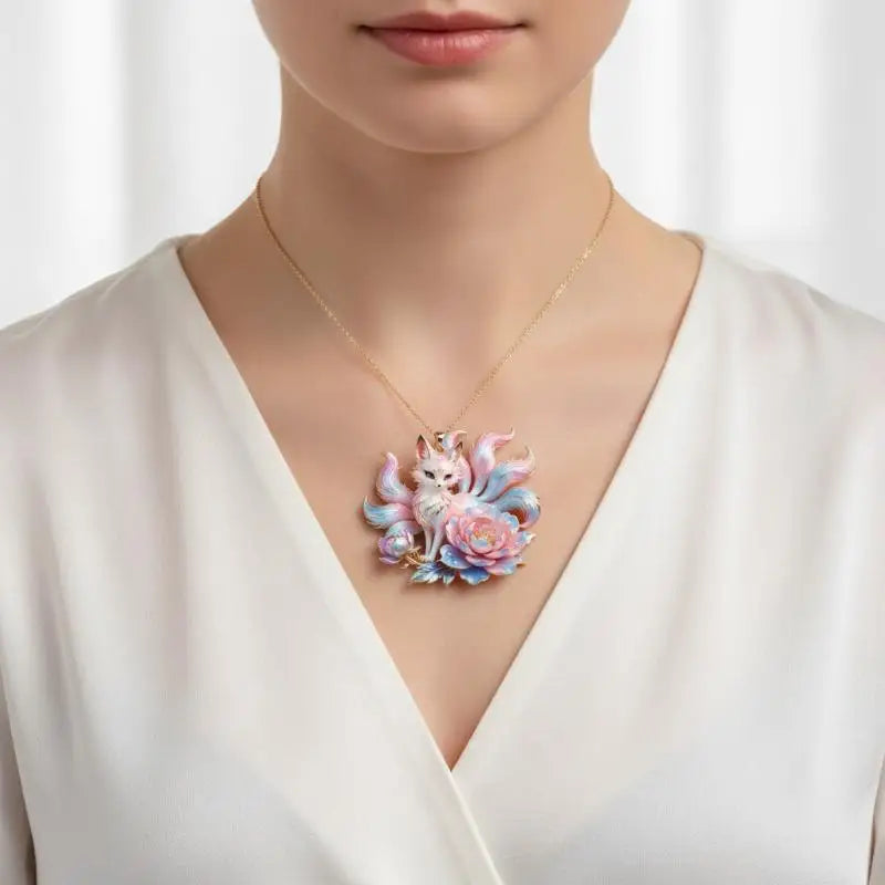 Nine Tailed Fox & Peony Pendant Necklace – Nickel-Free Gift Pendant Necklace Qst