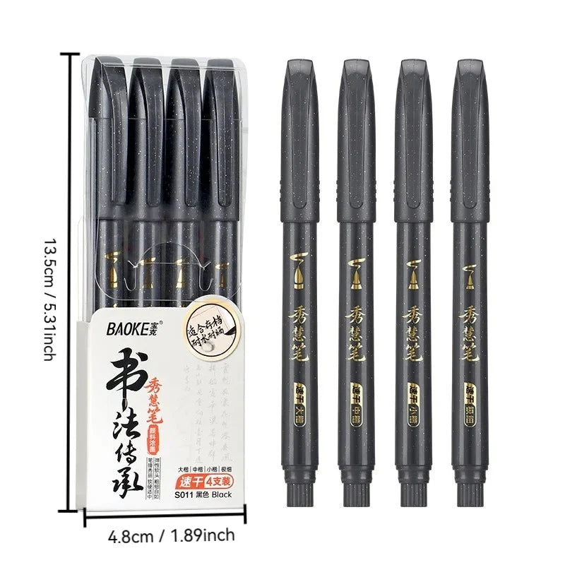 4-Size Calligraphy Brush Pen Set – Black Ink Hand Lettering Calligraphy Brush Pen Set Qme